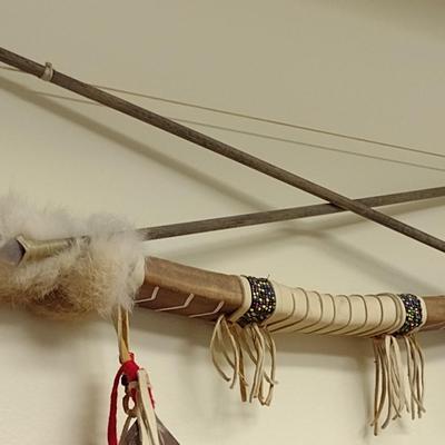 Native American Early Design Bow and Arrow with Bead and Feather Work