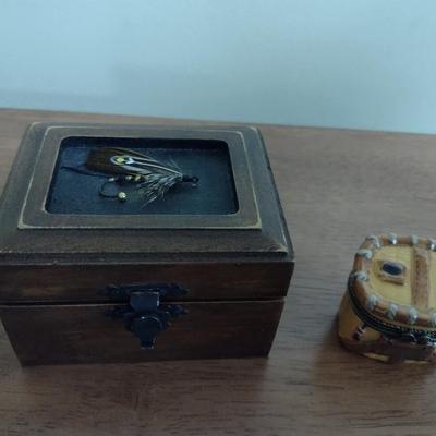 Pair of Small Flyfishing Trinket Boxes Wood Fly and Ceramic Creel with Trout