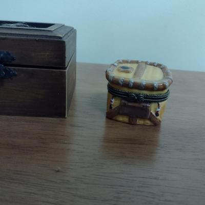 Pair of Small Flyfishing Trinket Boxes Wood Fly and Ceramic Creel with Trout