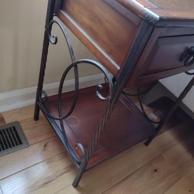 Wrought Metal and Wood Side Table with Stretcher Shelf