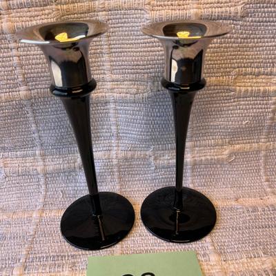Art Deco Black Glass Candles with Silver plate tops