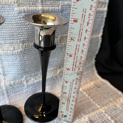 Art Deco Black Glass Candles with Silver plate tops