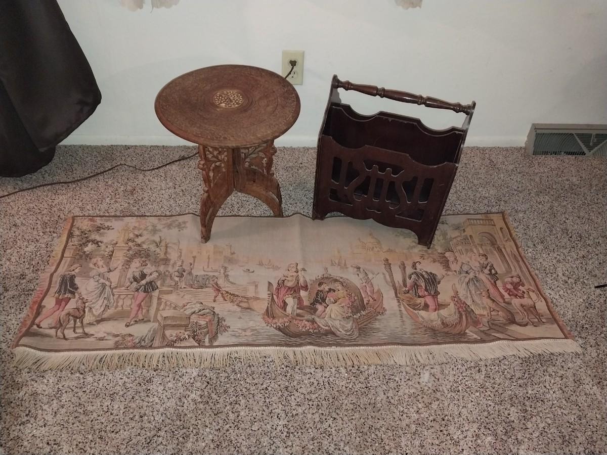 BEAUTIFUL TAPESTRY, FOLDING ROUND TABLE AND MAGAZINE RACK