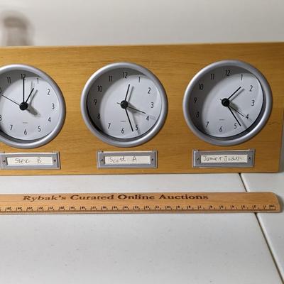3 Dial Time Zone World Clocks - Oak Wood