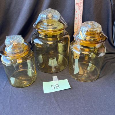 3 Vintage Amber Canisters with Lids