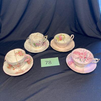 4 Floral English Bone China Cups & Saucers