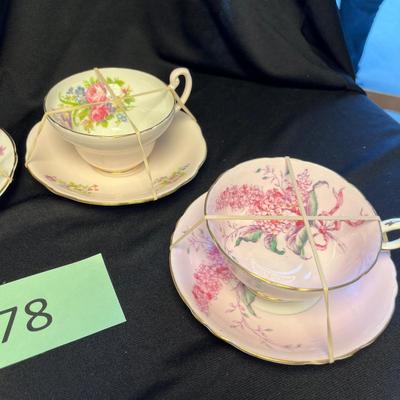 4 Floral English Bone China Cups & Saucers