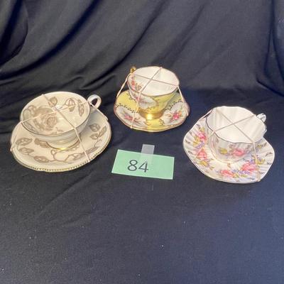 3 Decorated Bone China Cups & Saucers