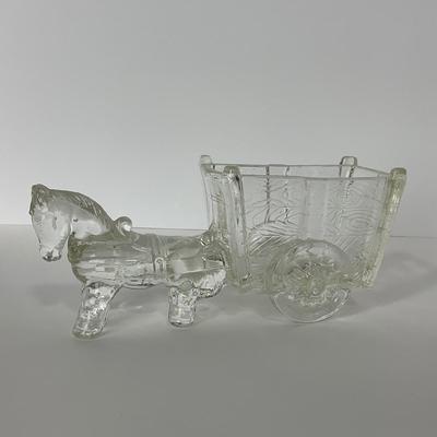 -141- UNMARKED | Clear Pressed Glass Donkey & Cart Candy Dish