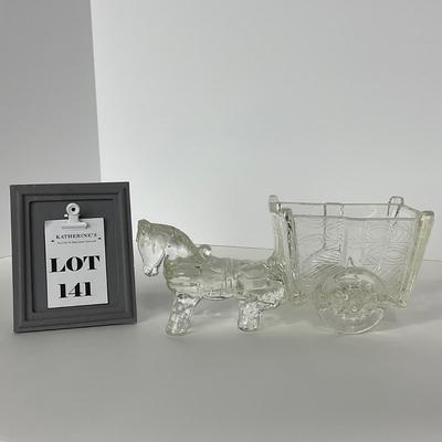 -141- UNMARKED | Clear Pressed Glass Donkey & Cart Candy Dish