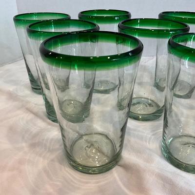 177 Set of 8 Handblown Clear Glass Green Edge Tumblers