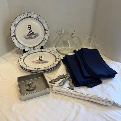 179 Lighthouse Dinner Plates, Mariposa Napkin Holder, 3 Glass Pitchers, Tablecloths & Napkins
