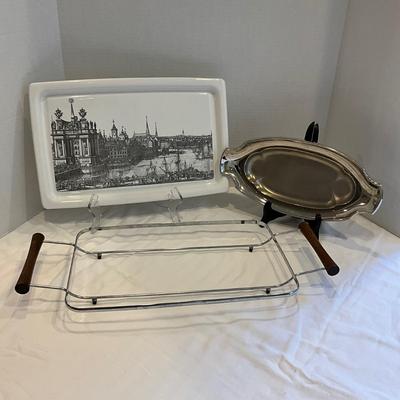 180 Mid Century Renaissance Corning Ware Tray with Wooden Handled Rack and Chrome Tray