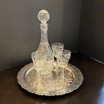 182 Miller Rogaska Crystal Etched Decanter with Three Matching Cordials