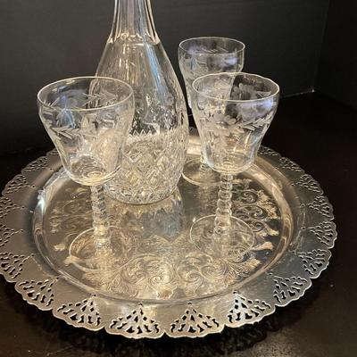 182 Miller Rogaska Crystal Etched Decanter with Three Matching Cordials