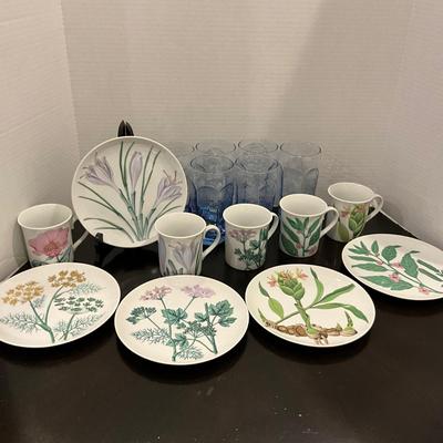 193 Set of Horchow Plates and Mugs with Blue Glass Tumblers