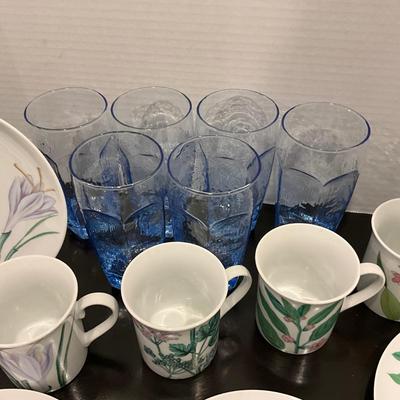 193 Set of Horchow Plates and Mugs with Blue Glass Tumblers