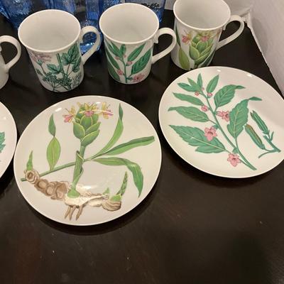 193 Set of Horchow Plates and Mugs with Blue Glass Tumblers