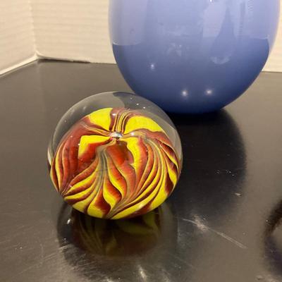 198 Set of Two Signed Paperweights with Glass Vase