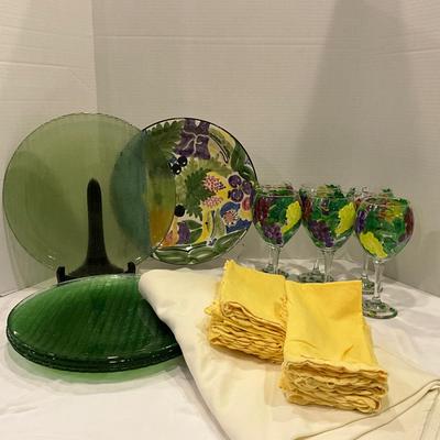 199 Set of 8 Painted Glass Goblets, Portugal Plate and Green Glass Chargers