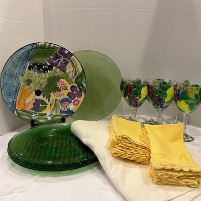 199 Set of 8 Painted Glass Goblets, Portugal Plate and Green Glass Chargers