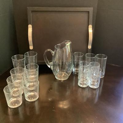 203 Black Tray with Glass Water Pitcher and Water Glasses
