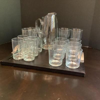 203 Black Tray with Glass Water Pitcher and Water Glasses
