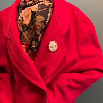 Festive Feelings: Red Wool Full-Length Coat by Ashley Scott with Fleur de Lis Liner