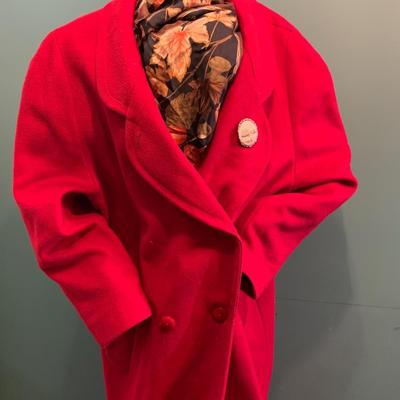 Festive Feelings: Red Wool Full-Length Coat by Ashley Scott with Fleur de Lis Liner