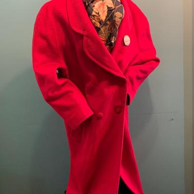Festive Feelings: Red Wool Full-Length Coat by Ashley Scott with Fleur de Lis Liner