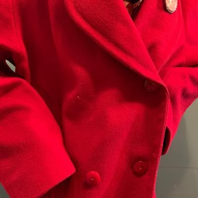 Festive Feelings: Red Wool Full-Length Coat by Ashley Scott with Fleur de Lis Liner
