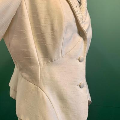 Snowy Elegance: John Meyer White Peplum Back Textured Blazer with Rhinestone-Accented Embroidered Flowers Size 12