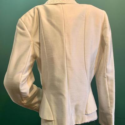 Snowy Elegance: John Meyer White Peplum Back Textured Blazer with Rhinestone-Accented Embroidered Flowers Size 12