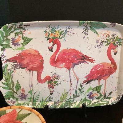 206 Flamingo Melamine Tray, Nesting Mixing Bowls, Hibiscus Plates, Oven Mitts