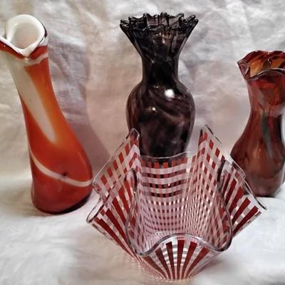 Red Splatter Glass With Ruffle Top, Tiger Eye Ruffle Top Vase, 1960s Chance Brothers Handkerchief Vase, Orange and White Swing Dimple Vase.