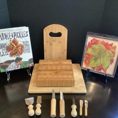 209 William Sonoma Leaf Cheese Board with Wooden Cutting Boards and 7 Cheese Knives