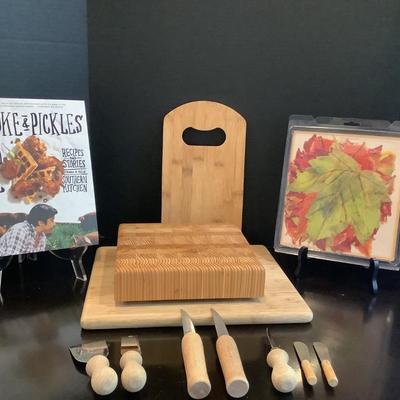 209 William Sonoma Leaf Cheese Board with Wooden Cutting Boards and 7 Cheese Knives