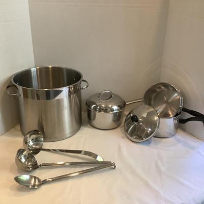 212 Large Stainless Stock Pot and Sauce Pan, Farberware Double Boiler, Ladles & Spoons