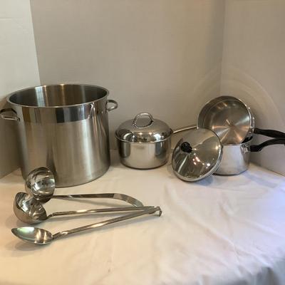 212 Large Stainless Stock Pot and Sauce Pan, Farberware Double Boiler, Ladles & Spoons