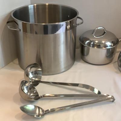 212 Large Stainless Stock Pot and Sauce Pan, Farberware Double Boiler, Ladles & Spoons