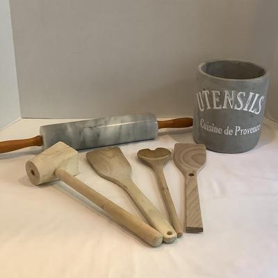 213 Stone Utensils Holder with Wooden Spoons & Marble Rolling Pin