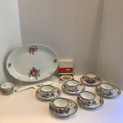 215 Floral Luncheon Set Whieldon Ware Pheasant, Limoges Butter Pats, Mikasa Serving Plate, Pimpernel Coasters