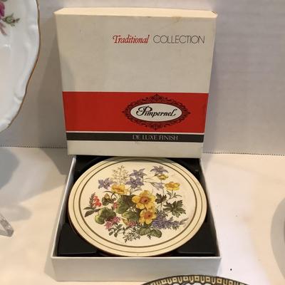 215 Floral Luncheon Set Whieldon Ware Pheasant, Limoges Butter Pats, Mikasa Serving Plate, Pimpernel Coasters