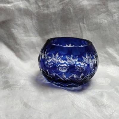 Czech Cobalt Blue Rose Bowl Cut To Clear Crystal Bohemian Vase