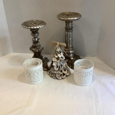 226 Metallic Style Candlesticks with White Ceramic Cut out Holders and Small Shell Xmas Tree