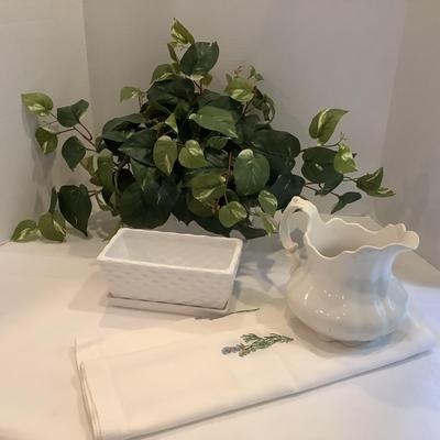 234 Two White Rectangular Planter with Faux Greens and Linen Runner