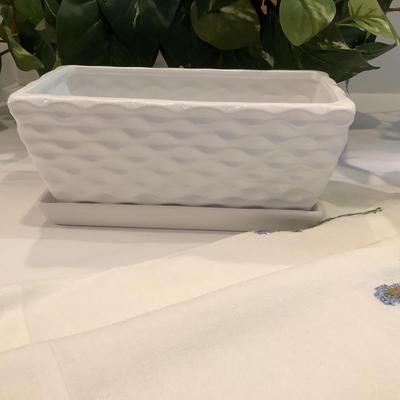 234 Two White Rectangular Planter with Faux Greens and Linen Runner