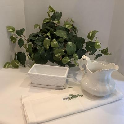 234 Two White Rectangular Planter with Faux Greens and Linen Runner
