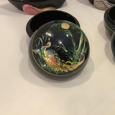 235 Mandarin Lacquered Duck Trinket Boxes with Two Round Covered Peacock Boxes