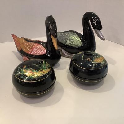 235 Mandarin Lacquered Duck Trinket Boxes with Two Round Covered Peacock Boxes